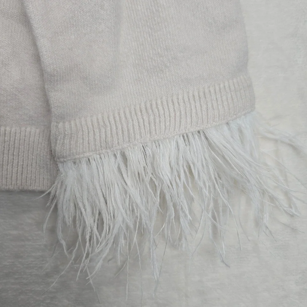 Loft Womens Cream Feather Cuff Crew Neck Sweater Large NWT Ivory Knit Pullover